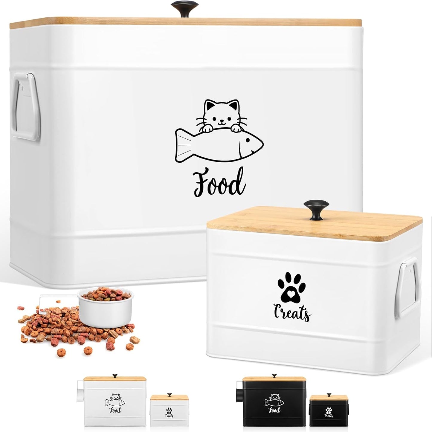 Extra Large Metal Cat Food Containers Airtight 12+3.5 lbs Cat Treat Snack Jars Set of 2 with Bamboo Lids and Spoons Farmhouse Big Pet Cookie Storage Jars for Kitchen Counter Gifts(White)
