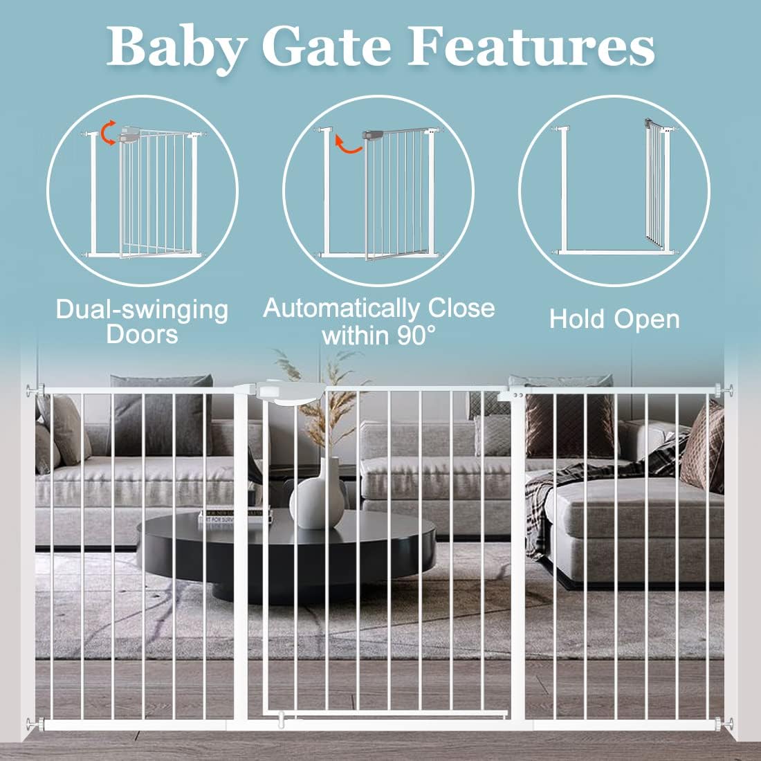 WAOWAO Triple Lock Baby Gate Extra Wide 49.21-53.14" Pressure Mounted Walk Through Swing Auto Close Safety White Metal Dog Pet Puppy for Stairs,Doorways,Kitchen