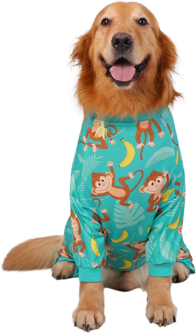 HDE Dog Pajamas One Piece Jammies Jumpsuit Pet Clothes Outfit Stretchy Lightweight Comfy Shirt Pjs for M-3XL Dogs Monkeying Around - XL