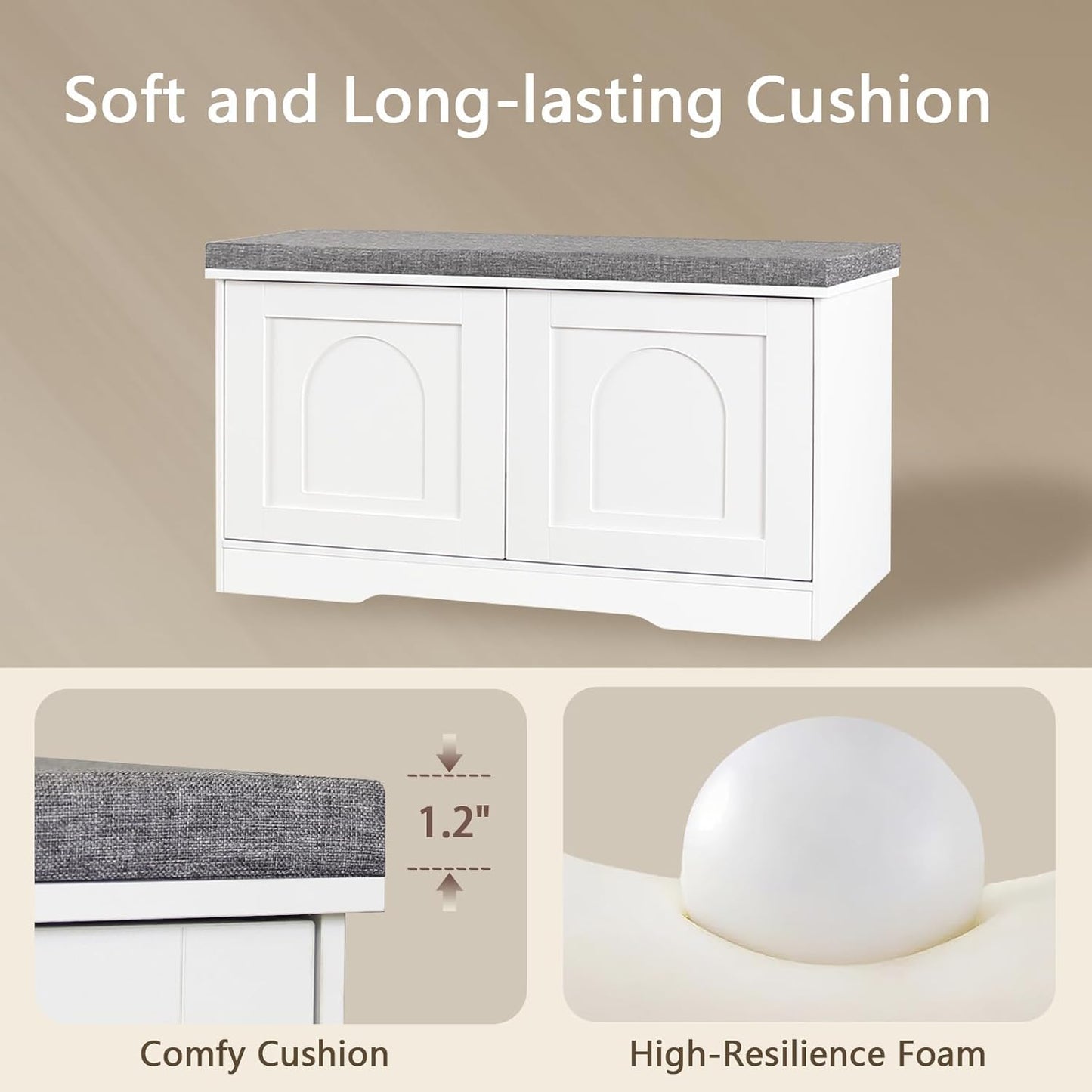 DINZI LVJ Shoe Bench, Entryway Storage Bench with Doors, Cushion, 2-Tier Shoe Rack with 6-Cubby, 31.5”L x 13.8”W Shoe Organizer Cabinet, Adjustable Shelf, Living Room, Bedroom, White