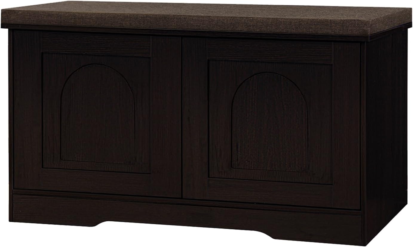 DINZI LVJ Shoe Bench, Entryway Storage Bench with Doors, Cushion, 2-Tier Shoe Rack with 6-Cubby, 31.5”L x 13.8”W Shoe Organizer Cabinet, Adjustable Shelf, Living Room, Bedroom, Espresso