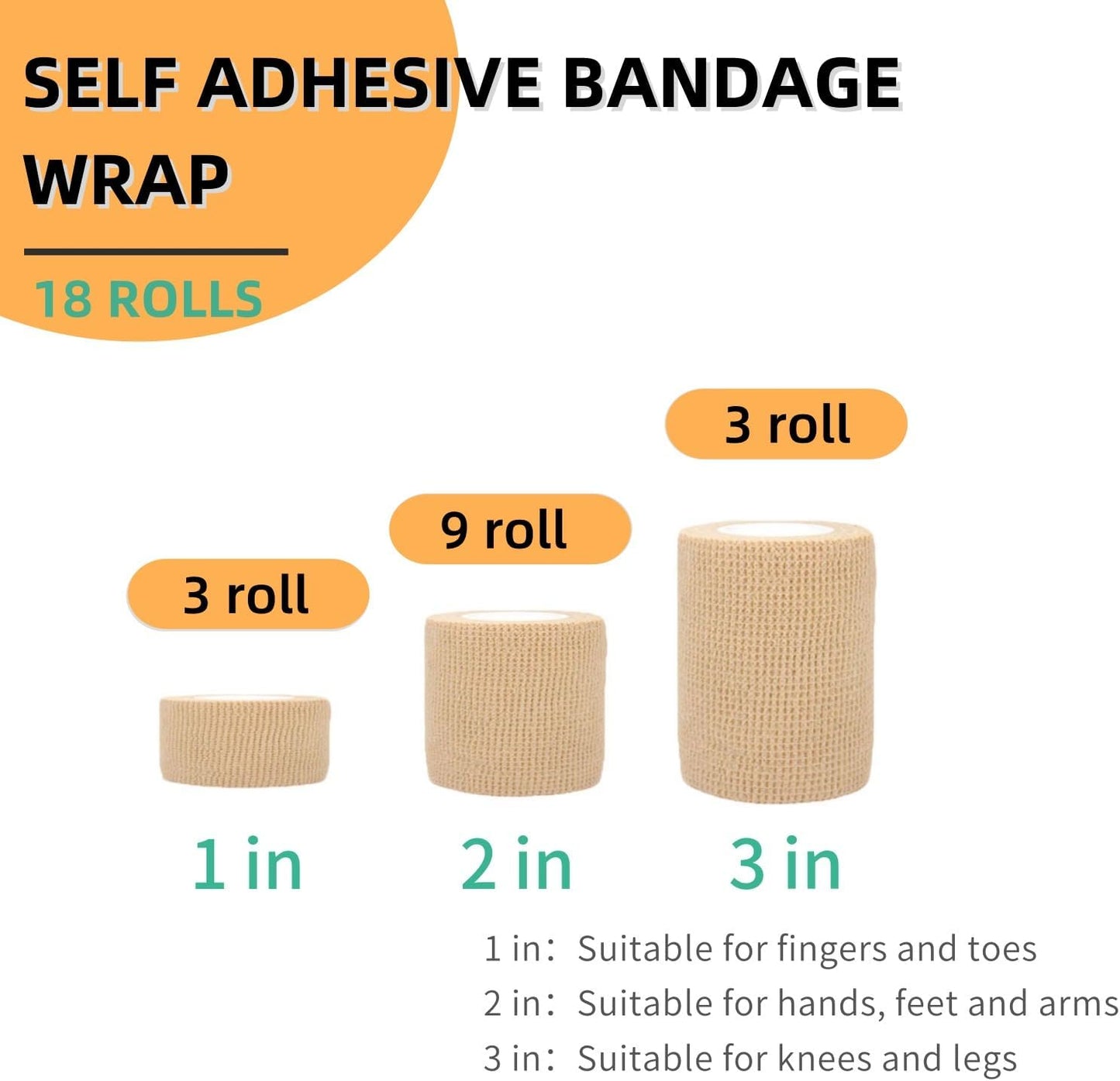 Self Adhesive Wrap 18 Rolls, Non-Woven Self Adherent Vet Wrap, (1IN+2IN+3IN) x 5Yard | Cohesive Bandage Tape for Wrist & Ankle, Elastic Grip Cover (Colorful)