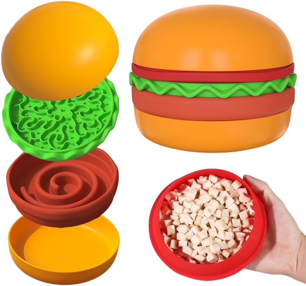 Multiple Use Pet Feeding Set, Cute Hamburger-Shaped, 5 Stackable Bowls for Small Dogs and Cats, Anti-Choking Slow Food Feeder, Raised Bowls, Travel Cat Bowls