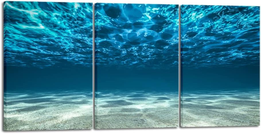 Wieco Art 3 Piece Blue Ocean Bottom Canvas Wall Art for Living Room Beach for Bedroom Wall Decor Seaview Pictures Painting On Canvas Modern Canvas Prints Artwork for Home Decorations