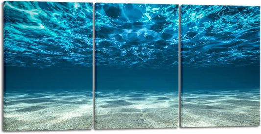 Wieco Art 3 Piece Blue Ocean Bottom Canvas Wall Art for Living Room Beach for Bedroom Wall Decor Seaview Pictures Painting On Canvas Modern Canvas Prints Artwork for Home Decorations