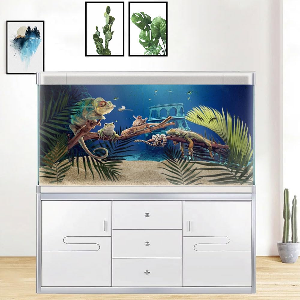 36X24IN Natural Underwater Aquarium Background, Pictures 3D Fish Reef Fish Tank Decoration Background, with 8 EVA Double-Sided Tape