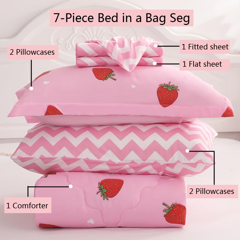 Girls Strawberry Comforter Set Queen Size - 7 Piece Bed in A Bag Bedding Set for Kids Teens - All Season (1 Comforter,1 Flat Sheet,1 Fitted Sheet and 4 Pillow Sham) Pink