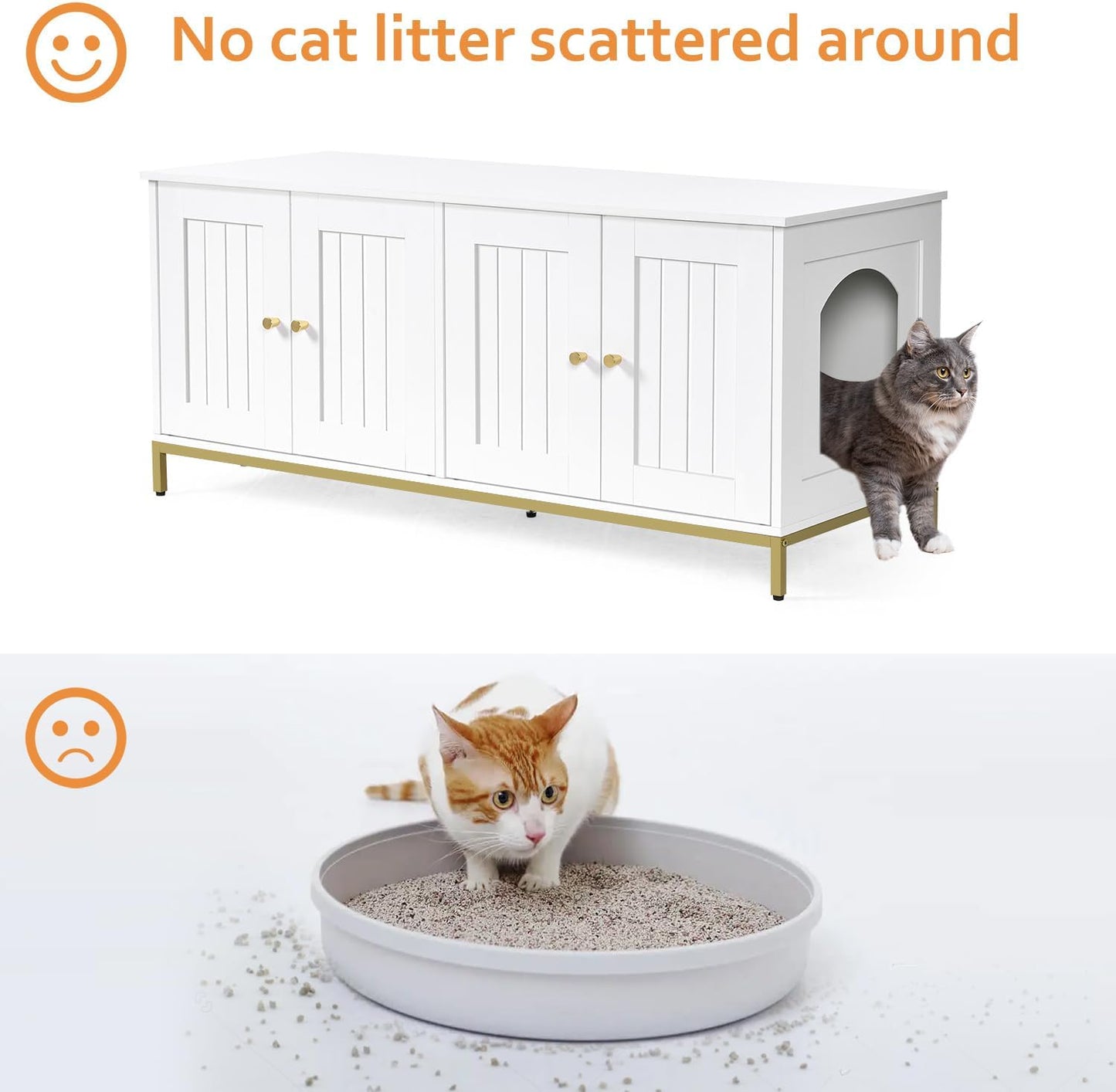 Homhedy Cat Litter Box Enclosure for 2 Cats, Cat Washroom Furniture with Double Room, Pet House with Metal Frame, 47.2”L x 17.7”W x 21.7”H, White and Gold