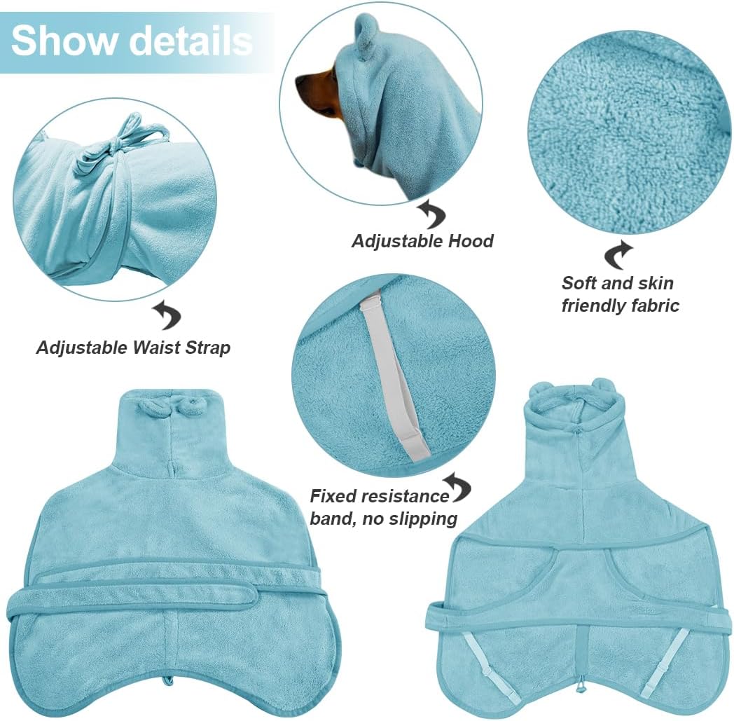 KOOGALSmall to Medium Size Dog Bathrobe, Quick Drying Super Absorbent Used for After Bathing, Warm Dog Towels, Adjustable Hoodies and Belts for Pet Dogs Bath Clothes Products(Blue, L)