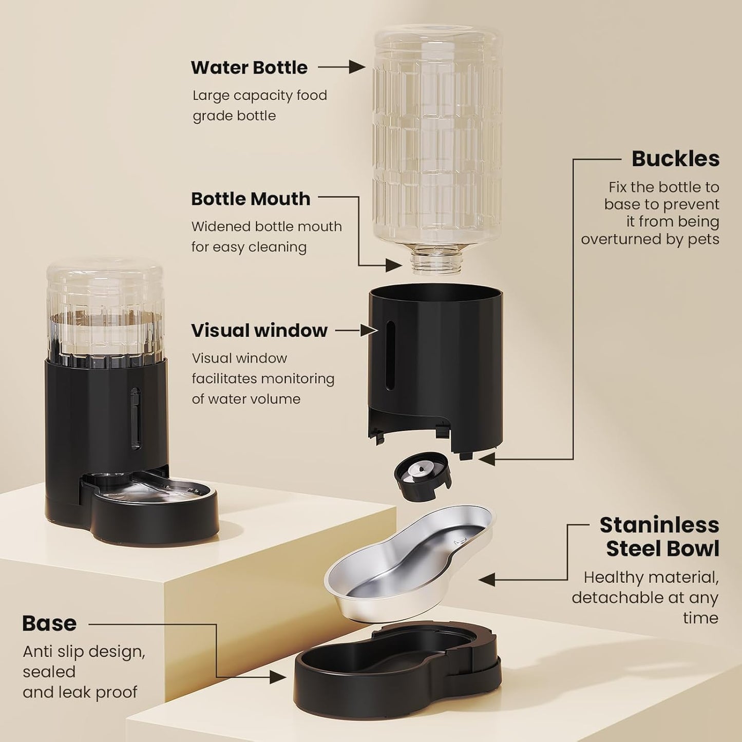 CZPET Automatic 4L/135Oz/1Gal Cat Water Dispenser with Stainless Steel Bowl, Gravity Waterer for Small Medium Dog Puppy Kitten (Black)