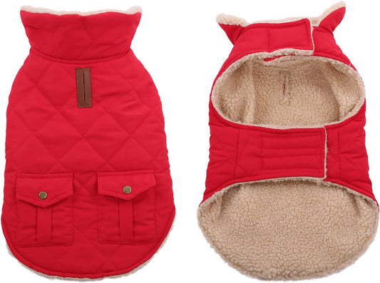 Queenmore Warm Dog Coat, Cold Weather Puffer Jacket with Ultra Thick Plush Lining and Storage Pockets (Red, X-Large)