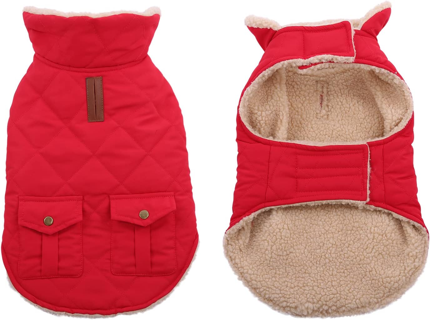 Queenmore Warm Dog Coat, Cold Weather Puffer Jacket with Ultra Thick Plush Lining and Storage Pockets (Red, Large)