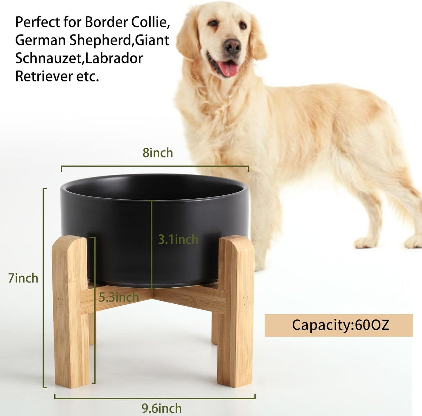 Petygooing Black Elevated/Raised Ceramic Dog Bowl for Medium and Large Breeds, Dog Food Water Dish with Stand,Pet Feeding Bowl with Anti Slip Rubber Large Dogs(1800ml 7.6 Cups)