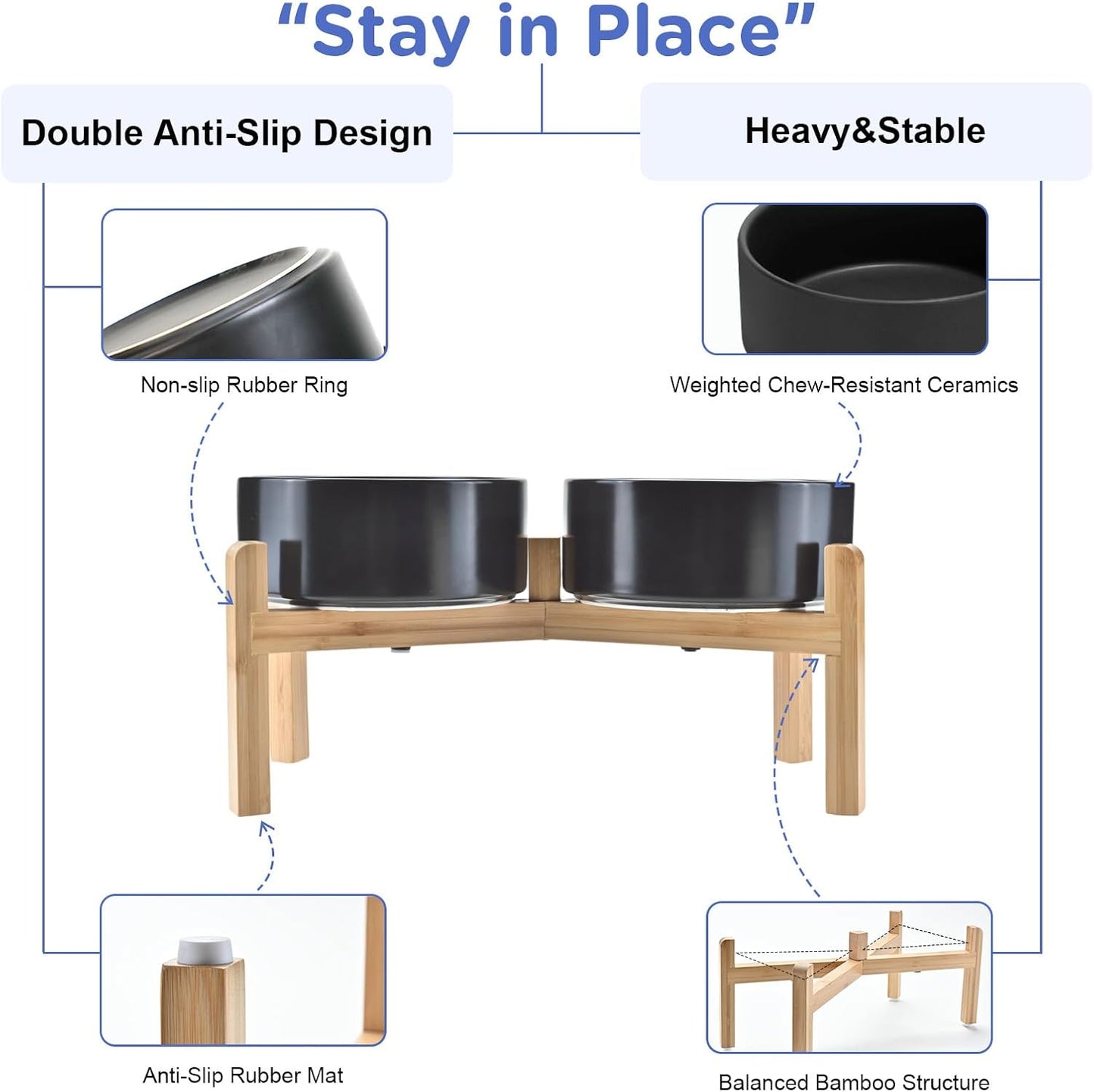 SPUNKYJUNKY Elevated Dog Bowls Ceramic, 7.3'' Dogs Food Water Bowls Raised with Non-Slip Bamboo Stand for Medium to Large Sized Breed Microwave Dishwasher Safe - 42 OZ,Black