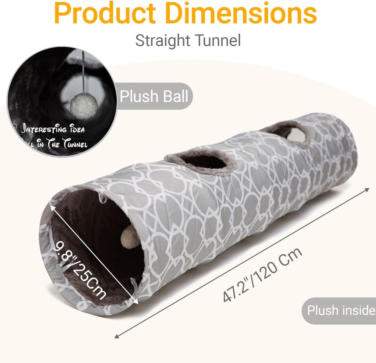 LUCKITTY Geometric Straight Cat Tunnel with Plush Inside,Cats Toys Collapsible Tunnel Tube with Balls, for Rabbits, Kittens, Ferrets,Puppy, Diameter 9.8 Inch
