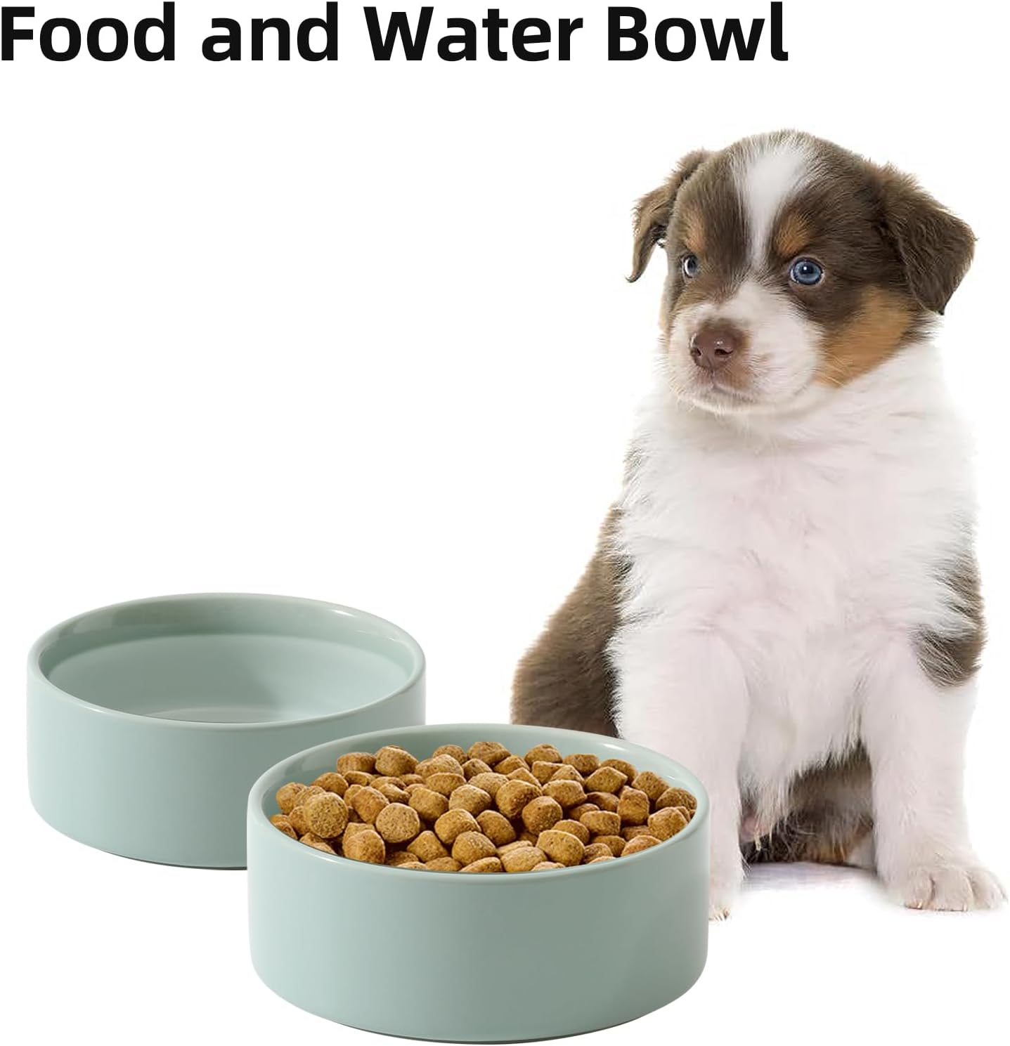 Ceramic Set of 2 Dog Bowls, Food and Water Bowls for Dogs, Puppy, 2pcs Dog Dishes, Pet Feeder(6inch, 2 x Light Green Bowls)