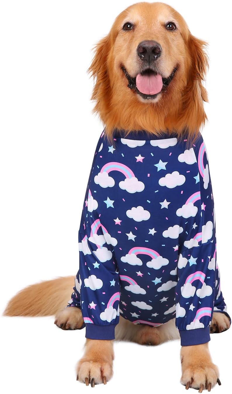 HDE Dog Pajamas One Piece Jammies Jumpsuit Pet Clothes Outfit Stretchy Lightweight Comfy Shirt Pjs for M-3XL Dogs Rainbows - M