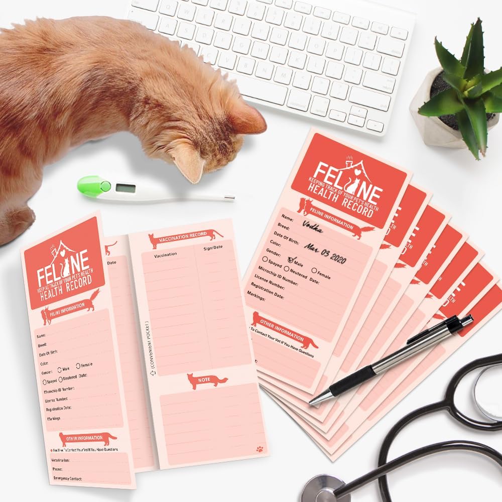ANZON MORIES 24 Packs Cat Health Record Cards Vaccination Book with Storage Pocket, Large 8 x 10.5 in Feline Vaccine Shot and Kitten Immunization Memo Booklet for Kitty Pet Nursing Supplies