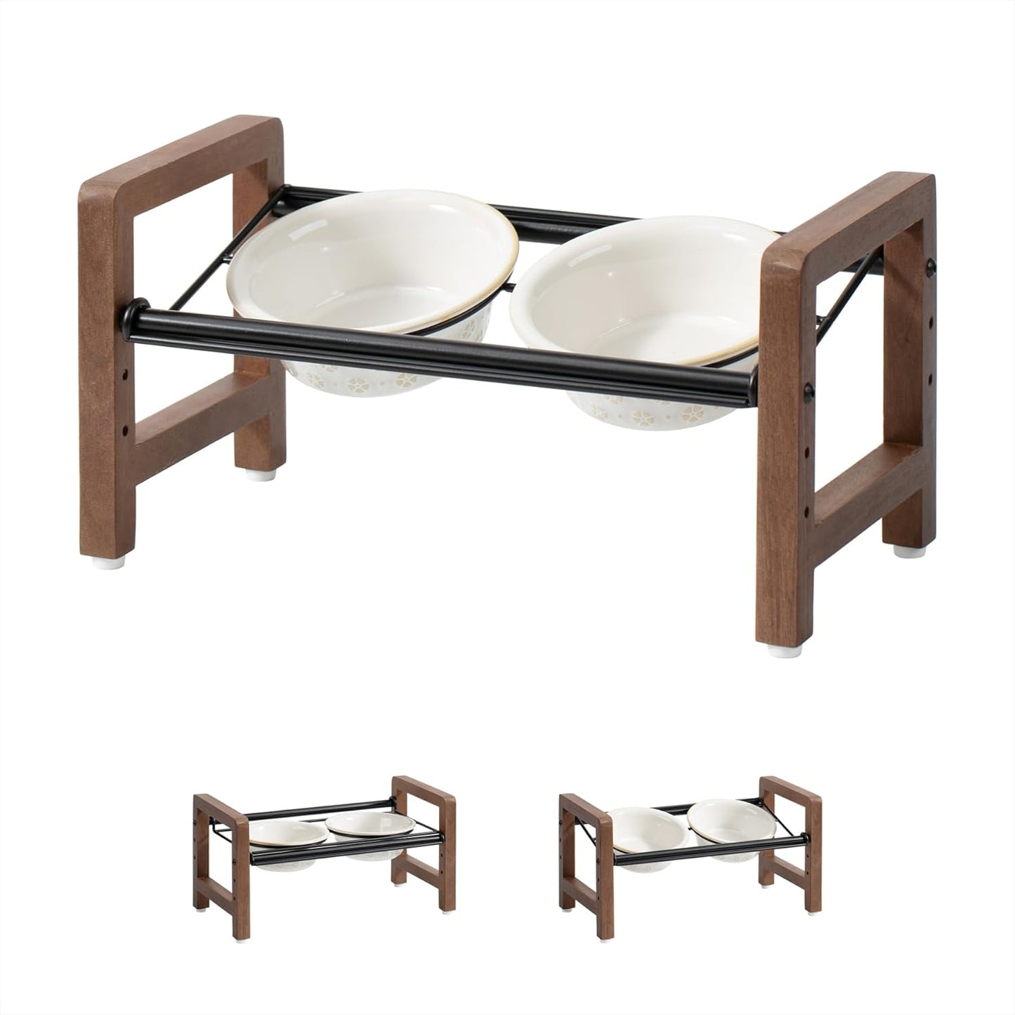 6.3inch Ceramic Adjustable Raised Double Bowls Set with Stand, 3 Heights Elevated, 2 Placement Options,Food and Water Bowls for Adult Cat Small and Medium Dog(Reactived Glaze -White)