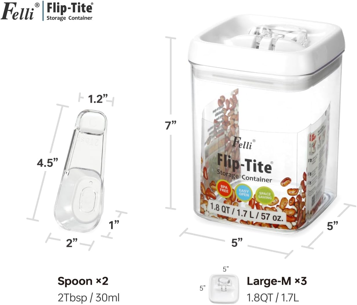 Felli Flip Tite Storage Container with Built-In Spoon & Airtight Lid 5” Large-M Ring Flip Top, Stackable Acrylic Canister for Rice Sugar Flour Protein Powder, Kitchen Pantry Organizer (1.8qt)