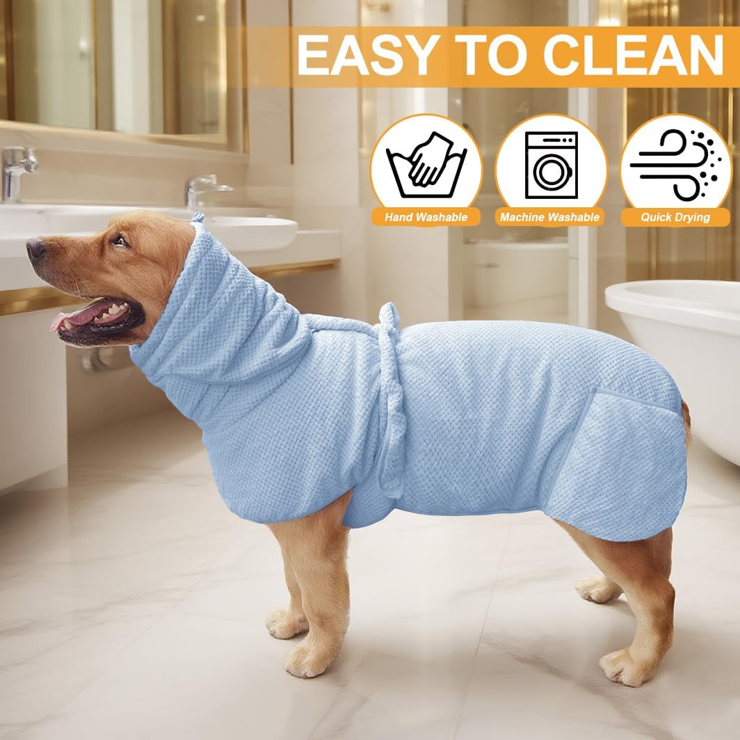 Medium to Large Size Dog Bathrobe, Quick Drying Super Absorbent Used for After Bathing, Warm Dog Towels, Adjustable Hoodies and Belts for Pet Dogs Bath Clothes Products(Blue Jacquard, 2XL)