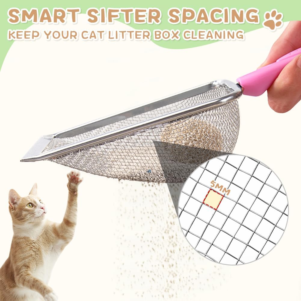 Cat Litter Scoop,Sturdy Litter Cleaner Corner Shovel,2Pcs Stainless Steel Mesh Litter Shovel,Easy to Clean Reptile Terrarium Sand Waste,Beach Shovel(Pink)