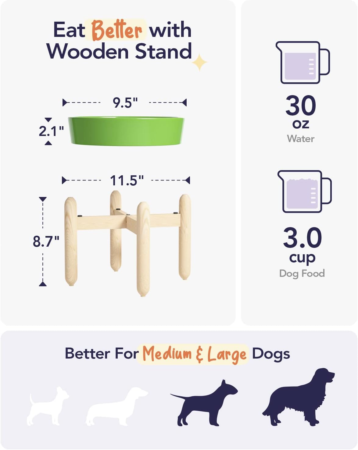 LE TAUCI Ceramic Slow Feeder Dog Bowls Elevated, 3 Cup Raised Bowl with Wooden Stand for Medium Large Breed, Slow Down Eating, Puzzle Dog Food Bowl, Clover Green