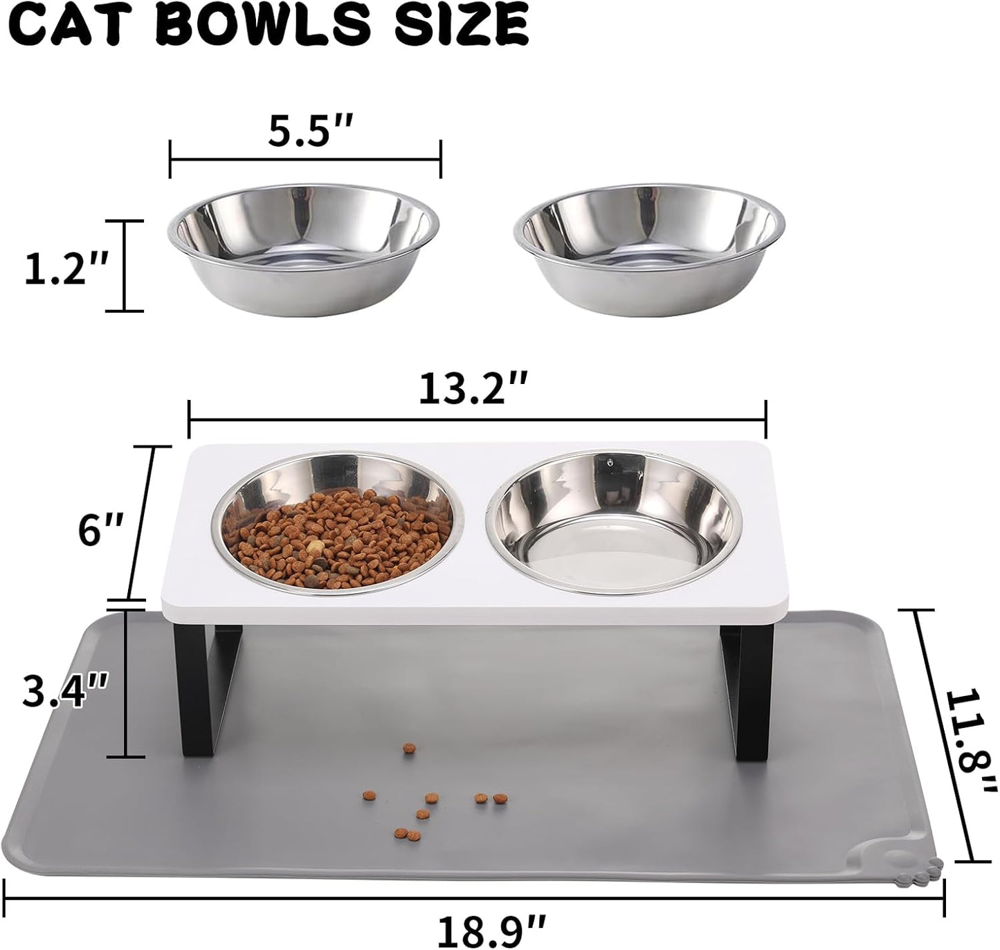 Upgraded Elevated Cat Bowls with Food Mat,15°Tilted Stand Anti Vomiting Raised Cat Dishes for Food and Water,2 Stainless Steel Bowls for Cats and Puppy（White）