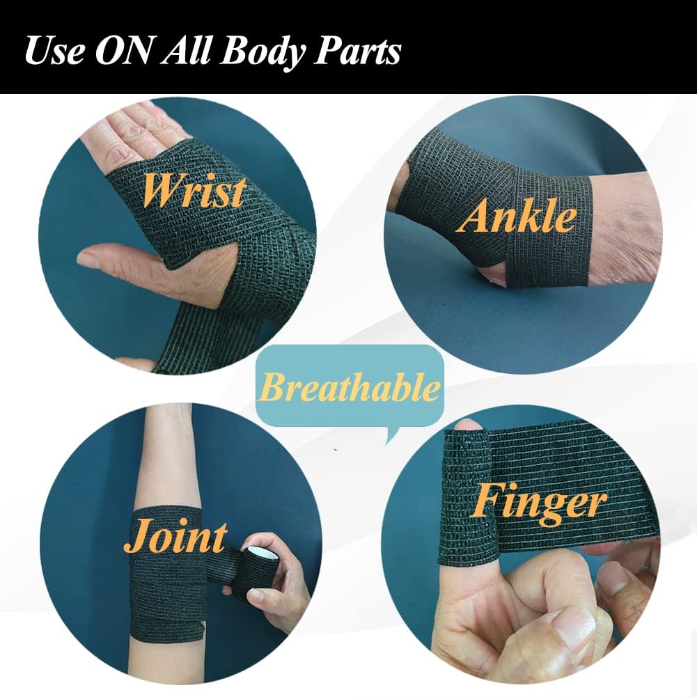 Self Adhesive Bandage Wrap,2 Inch Black Breathable Elastic Cohesive Bandages, Vet Wrap Sports Tape Bulk for First Aid Supplies, Wrist Sprains Protection