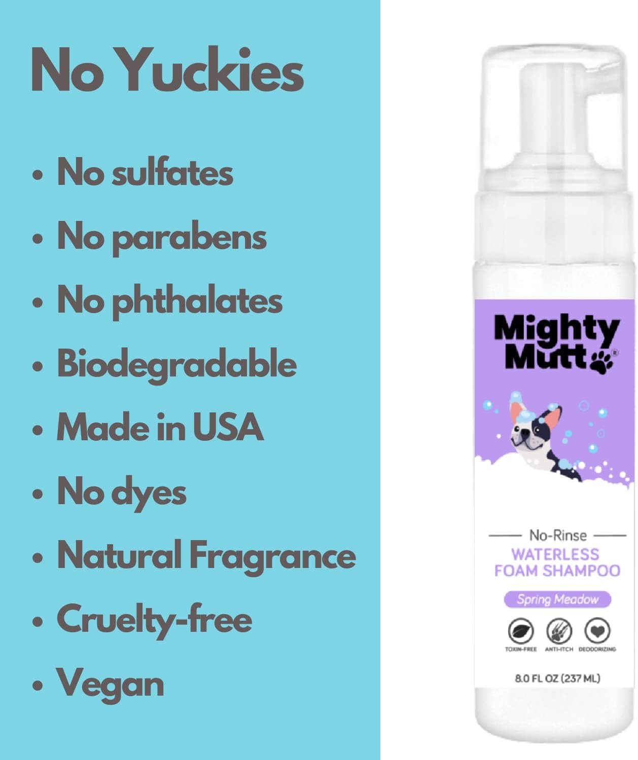 Mighty Mutt Hypoallergenic Waterless Shampoo for Dogs | Dry Shampoo for Dogs | Waterless Foam No Rinse | Anti-Itch, Soothing and Deodorizing | Spring Meadow | 8 Fl Oz
