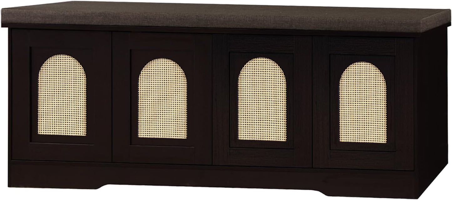 DINZI LVJ Shoe Bench, Entryway Storage Bench with Doors, Cushion, 2-Tier Shoe Rack with 8-Cubby, 47.2”L x 13.8”W Shoe Organizer Cabinet, Adjustable Shelf, Living Room, Bedroom, Espresso with Rattan