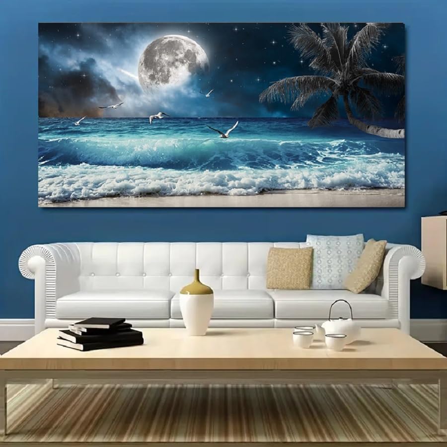 Yxbhhym large Moon Ocean Wall Art Seascape Sea Wall Pictures Canvas Beach Prints Poster Scenery Ocean Paintings Palm Artwork for Bedroom Modern Framed Office Wall Art Living Room Decor-30x60inches
