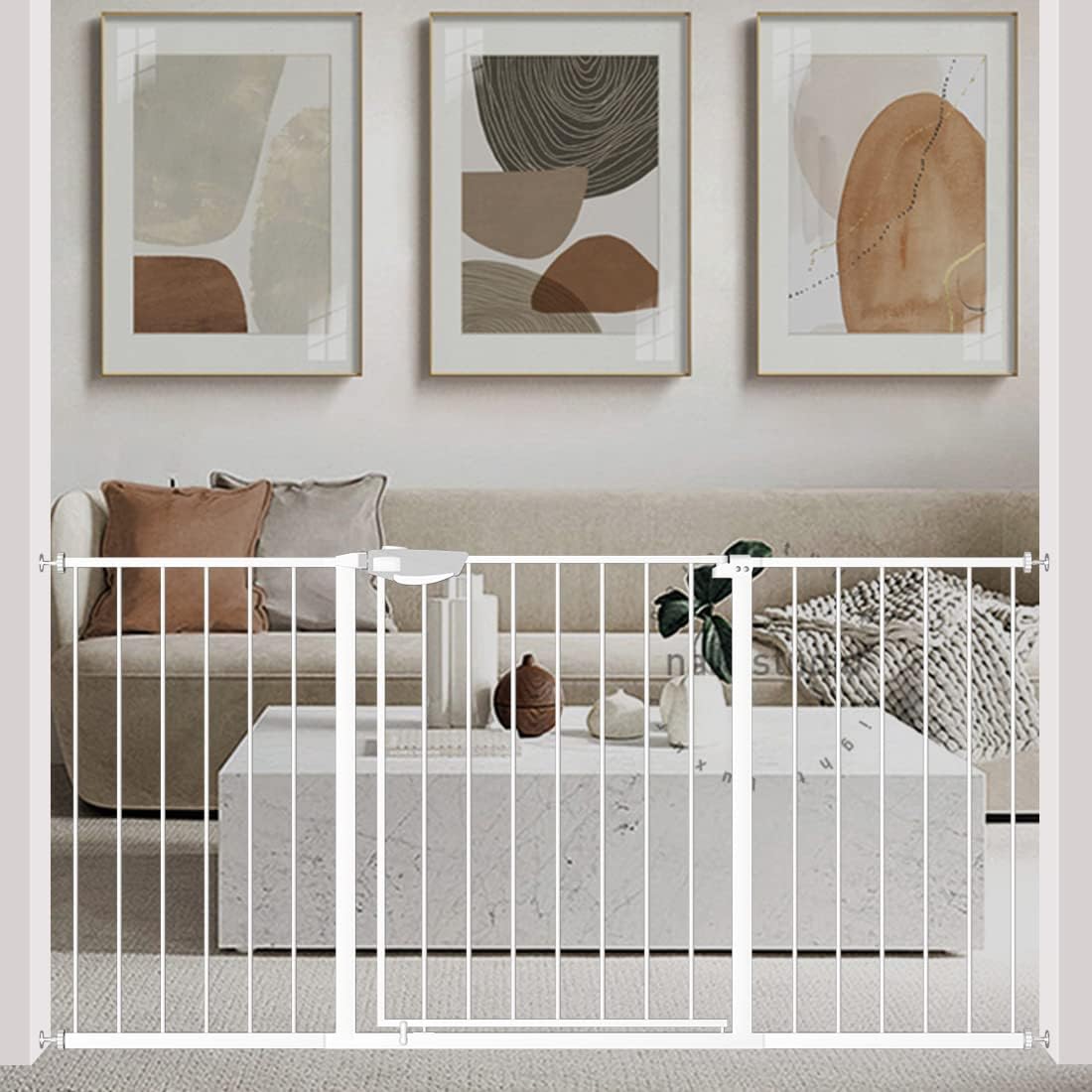 WAOWAO Triple Lock Baby Gate Extra Wide 57.87-62.59" Pressure Mounted Walk Through Swing Auto Close Safety White Metal Dog Pet Puppy Cat for Stairs,Doorways,Kitchen