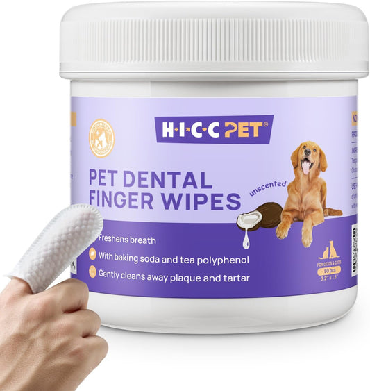 HICC PET Teeth Cleaning Wipes for Dogs & Cats, Vet-Recommended Remove Bad Breath & Plaque & Tartar Buildup Dog Finger Toothbrush Wipes, Dog Tooth Brushing Kit Remove Stain & Gum Care for Small Animal
