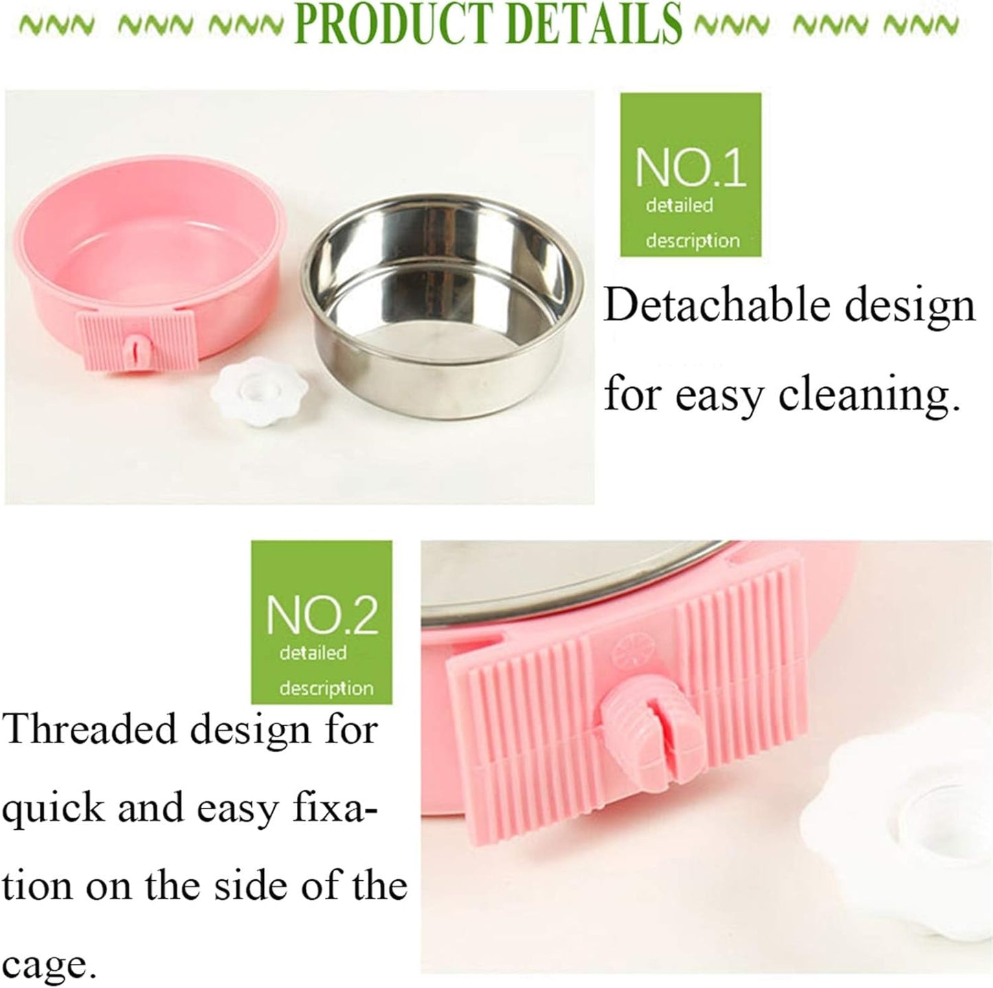 kathson Crate Dog Bowl, Removable Stainless Steel Hanging Pet Cage Bowl Food & Water Feeder Coop Cup for Cat, Puppy, Birds, Rats, Guinea Pigs 6pcs(2×Blue,2×Green,2×Pink)