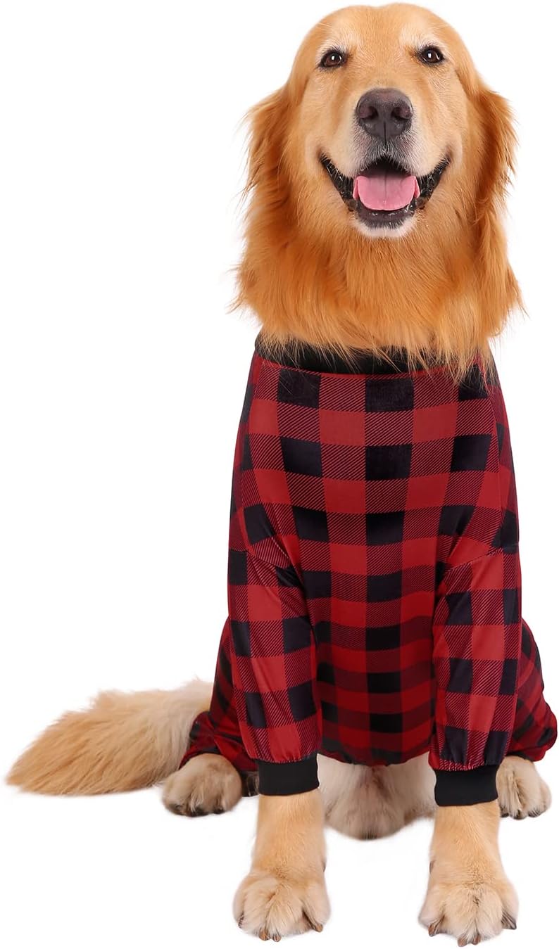 HDE Dog Pajamas One Piece Jammies Jumpsuit Pet Clothes Outfit Stretchy Lightweight Comfy Shirt Pjs for M-3XL Dogs Buffalo Plaid - XXL
