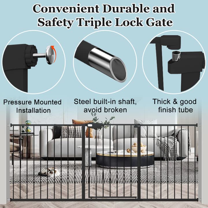 WAOWAO Triple Lock Baby Gate Extra Wide 31.1-35.04" Pressure Mounted Walk Through Swing Auto Close Safety Black Metal Dog Pet Puppy for Stairs,Doorways,Kitchen