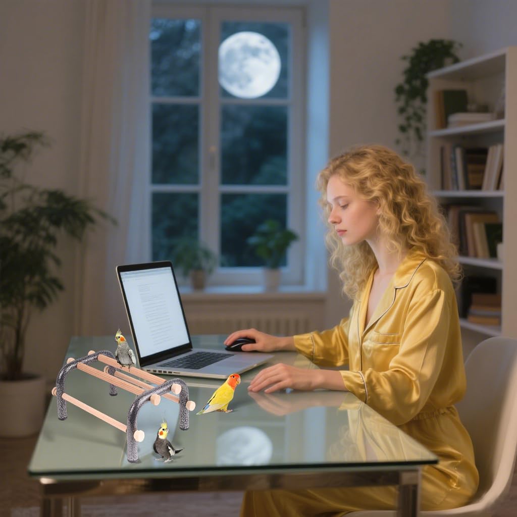 Small Bird Training Perch Table Stand for Parakeet Budgies Cockatiel Conure, Rustproof Durable Heavy Duty Metal Frame with 4 Wooden Bars for Bird to Play Climb and Exercise Toy