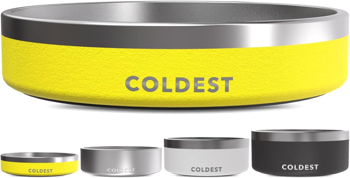 Coldest Dog Bowl - Anti Rust Metal, Non Slip, 3 Layers Insulated Stainless Steel Dog Bowls - Spill Proof & Heavy Duty - Water Bowl for Dogs, Cats & Pets, Dish Washer Safe (21 oz, Solar Yellow)