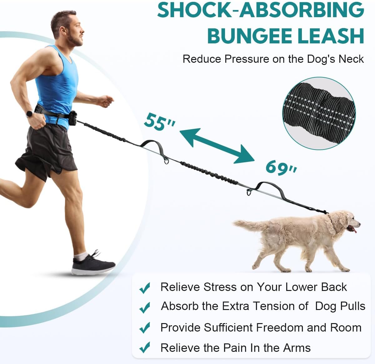 Hands Free Dog Leash with Pouch, Retractable Bungee, Double Padded Handles for Walking, Waist Leash for Medium & Large Dogs, Walking Accessories