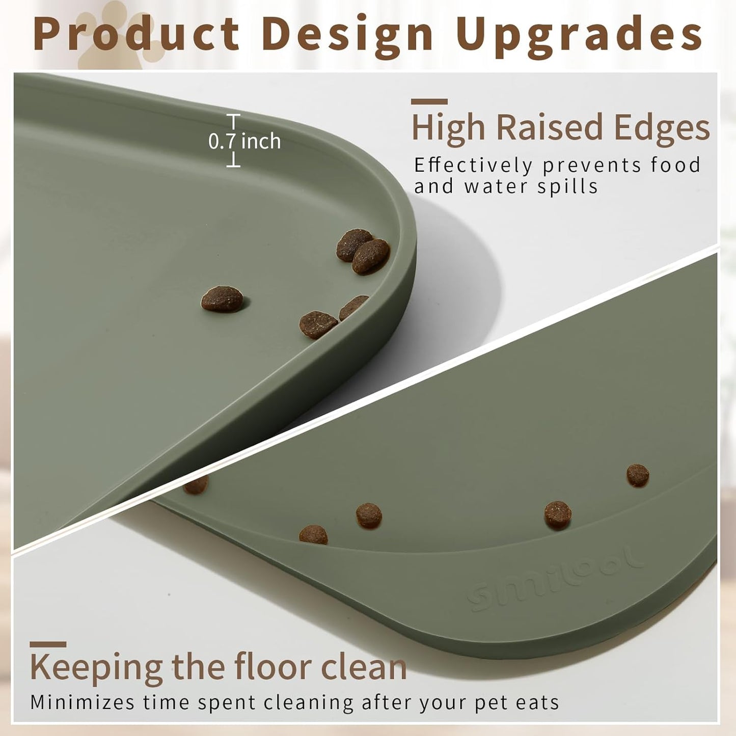 Silicone Pet Feeding Mat with Raised Edge & Residue Collection Pocket for Food and Water, Dog Bowl Mats, Cat Bowls Placemat with High Lip for Floor Waterproof, 19 x 12 x 0.7 Light Olive Green