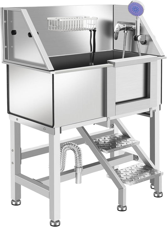 Stainless Steel Dog Washing Station, Pet Grooming Tub W/Storage Stairs, Faucet & Showerhead & Soap Holder Dog Bathtub for Large & Medium & Small Pets,34" R-RAMP