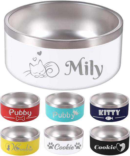 64OZ Personalized Dog Bowl Laser Engraved Custom Pet Name 18/32/42/64 oz No Slip Stainless Steel Insulated Bite-Resistant Food Water Dishes-White