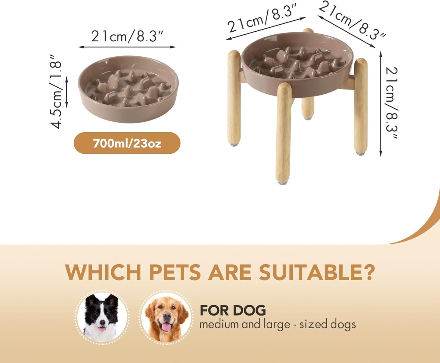 8.2inch Ceramic Dog Raised Slow Feeder Set, Elevated Bowl with Wooden Stand for Large and Medium Dog, Slow Feeder Dish for Fast Easters, Stop Bloat(Brown Coffee, Single Bowl+ Stand)