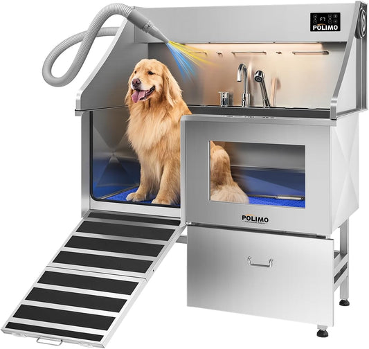 polimo Dog Wash Station with Pet Dryer & LED, Professional Dog Bathing Station for Large, Medium & Small Dogs – with Window, Ramp, Drawer, Floor Grate, LED Display & Faucet (Left RAMP & Dryer, 50")