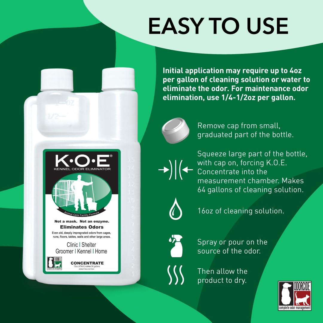 Odorcide, Thornell KOE Kennel Odor Eliminator Concentrate, Great for Cages, Runs, Floors & More, Pet Odor Eliminator for Home & Kennel w/Safe, Non-Enzymatic Formula, 16 oz, White – Not A Spray Bottle