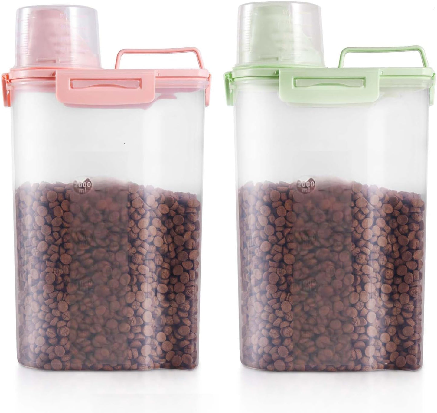 SenseYo 2 Pack 2.5lb Pet Food Storage Container with Measuring Cup, 3L Cat Food Storage Container Dog Food Storage BPA Free for Small Dog, Cat, Bird (Pink, Green)
