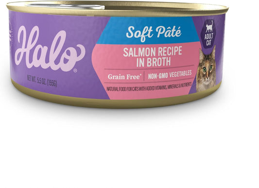 Halo Wet Cat Food Whole Salmon Stew Recipe, Grain Free Wet Cat Pate, Canned Cat Food for Extra Hydration, 5.5 Oz Can (Pack of 12)