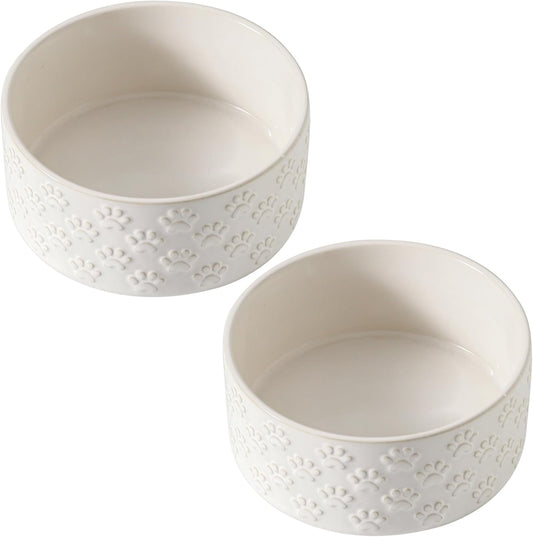 UBEE Ceramic Dog Food Bowl Set of 2, 6.1 inch Dog Dish Bowl with Paw Pattern, Pet Food Water Dish Feeding for Small and Meidum Dogs and Large Cat, White