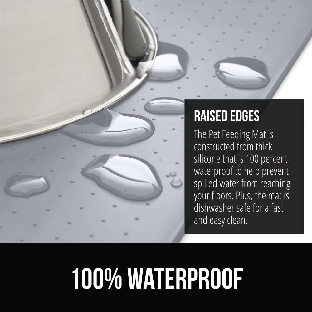 GORILLA GRIP 100% Waterproof Raised Edge BPA Free Silicone Pet Feeding Mat, Dog Cat Food Mats Contain Spills Protects Floors, Placemats for Cats, Dogs Water Bowl, Pets Accessories 18.5x11.5 Light Gray